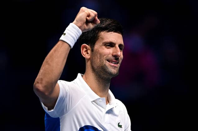 Italy Tennis ATP, Tennis Herren Finals 6700232 19.11.2021 Serbia s Novak Djokovic reacts during the group stage singles tennis match of the ATP Finals against Britain s Cameron Norrie at the Pala Alpitour venue in Turin, Italy. Alexey Filippov Sputnik Turin Italy  Copyright: xAlexeyxFilippovx