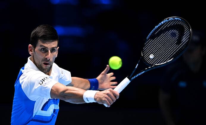 Italy Tennis ATP, Tennis Herren Finals 6700279 19.11.2021 Serbia s Novak Djokovic returns a shot to Britain s Cameron Norrie during the group stage singles tennis match of the ATP Finals at the Pala Alpitour venue in Turin, Italy. Alexey Filippov Sputnik Turin Italy  Copyright: xAlexeyxFilippovx