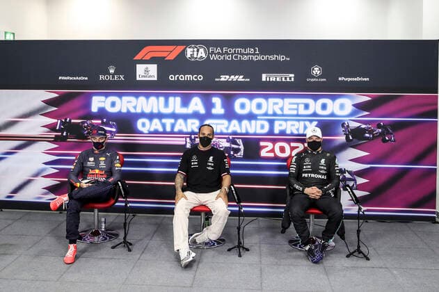 33 Max Verstappen (NED, Red Bull Racing), 44 Lewis Hamilton (GBR, Mercedes-AMG Petronas F1 Team), 77 Valtteri Bottas (FIN, Mercedes-AMG Petronas F1 Team), F1 Grand Prix of Qatar at Losail International Circuit on November 20, 2021 in Doha, Qatar. (Photo by HOCH ZWEI) Doha Qatar