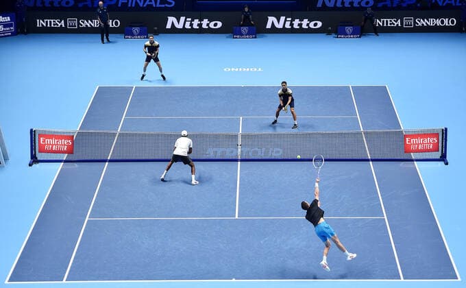 November 21, 2021, TORINO, Italia: Pierre-Hugues Herbert of France and Nicolas Mahut of France returns the ball during the match against Rajeev Ram of USA and Joe Salisbury of England at the Nitto ATP, Tennis Herren Finals in Turin, Italy, 21 November 2021.ANSA ALESSANDRO DI MARCO Tennis: Nitto ATP Finals in Turin  - ZUMAa110 20211121_zaf_a110_026 Copyright: xAlessandroxDixMarcox