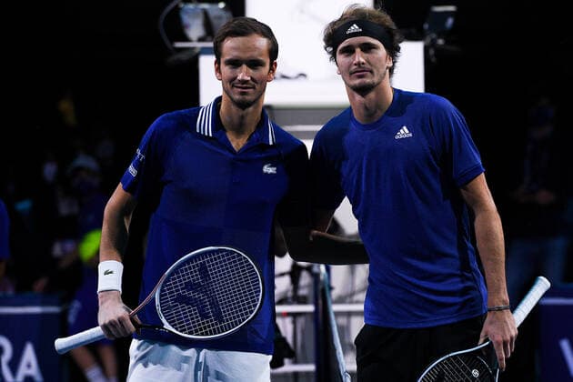 Photo Marco Alpozzi LaPresse November 21, 2021 Turin (Italy) Tennis Nitto ATP, Tennis Herren Finals - men s singles - finals Alexander Zverev Vs Daniil Medvedev In the pic: Daniil Medvedev (Russia), Alexander Zverev (Germany)  Copyright: xMarcoxAlpozzi LaPressex