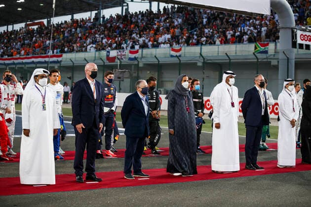 Gianni Infantino (FIFA President), Jean Todt (FRA, FIA President), Stefano Domenicali (ITA, President & CEO of Formula 1 Group), F1 Grand Prix of Qatar at Losail International Circuit on November 21, 2021 in Doha, Qatar. (Photo by HOCH ZWEI) Doha Qatar