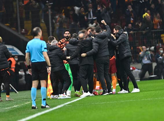 Galatasaray players celebrates for Kerem Aktukoglu s goal during the Turkish super league big derby match between Galatasaray and Fenerbahce at NEF stadium in Istanbul , Turkey on November 21, 2021. 
