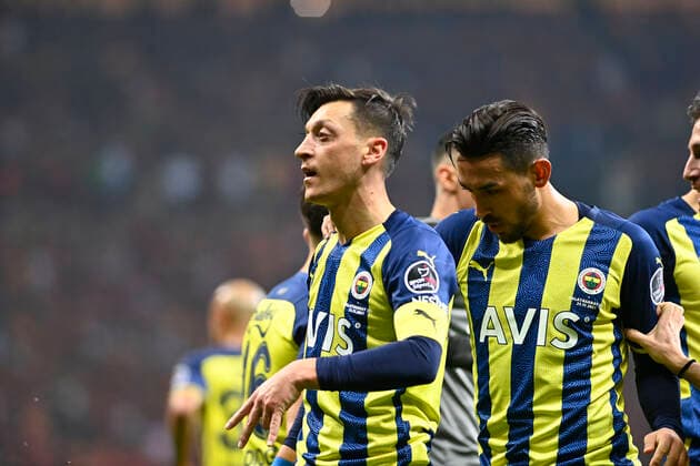 Mesut Ozil and Irfan Can Kahveci of Fenerbahce during the Turkish super league big derby match between Galatasaray and Fenerbahce at NEF stadium in Istanbul , Turkey on November 21, 2021. 