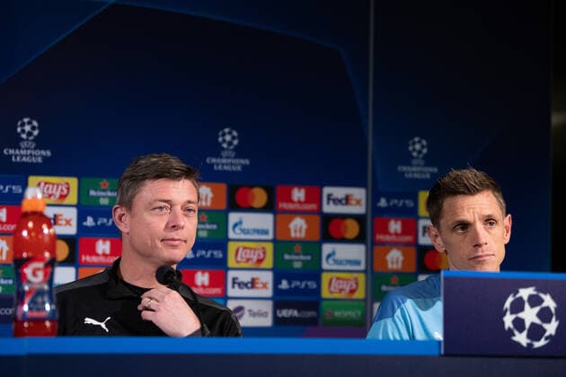211122 Jon Dahl Tomasson, head coach and Sören Rieks during a press conference, PK, Pressekonferenz with Malmö FF on November 22, 2021 in Malmö. Photo: Petter Arvidson BILDBYRAN kod PA PA0338 fotboll football soccer fotball champions league träning presskonferens training practice press conference malmö ff bbeng Copyright: PETTERxARVIDSON BB211122PA008