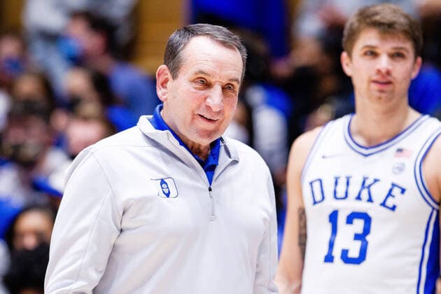 November 22, 2021: Duke Blue Devils head coach Mike Krzyzewski smiles after a foul call during the second half against the Citadel Bulldogs in the NCAA, College League, USA basketball matchup at Cameron Indoor in Durham, NC. ( Cal Media) Durham United States - ZUMAc04_ 20211122_zaf_c04_051 Copyright: xScottxKinserx