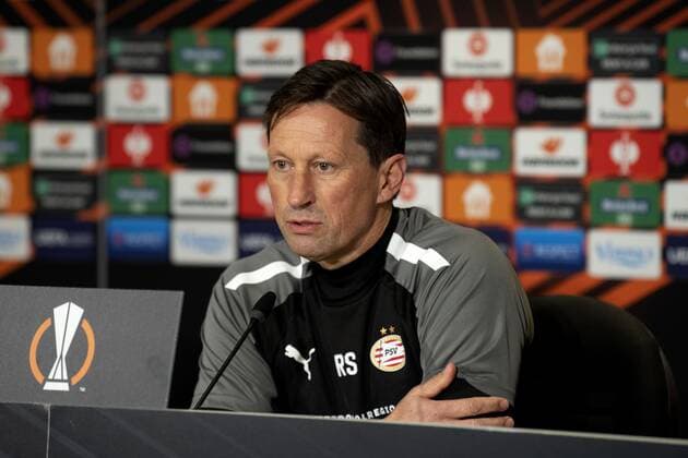 EINDHOVEN - Roger Schmidt of PSV during the press conference, PK, Pressekonferenz in the run-up to the UEFA Europa League group match against Sturm Graz. ANP OLAF KRAAK UEFA Europa League 2021 2022 xVIxANPxSportx xxANPxIVx