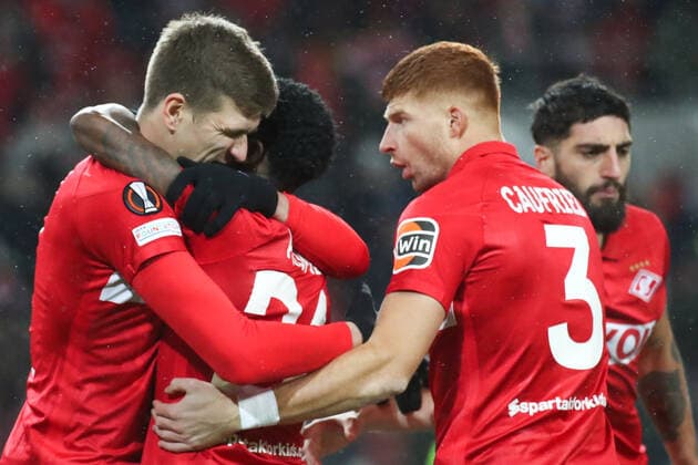 MOSCOW, RUSSIA - NOVEMBER 24, 2021: Spartakâ€™s players celebrate a goal in the 2021 22 UEFA Europa League Group C Round 5 match between Spartak Moscow and SSC Napoli at Otkrytie Bank Arena. Sergei Fadeichev TASS  TS1192F5