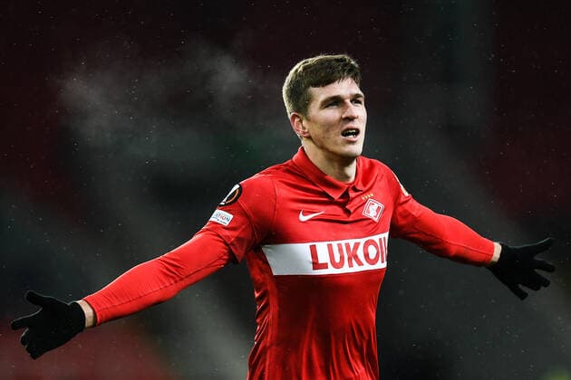 Russia Soccer Europa League Spartak - Napoli 6703534 24.11.2021 Spartak?s Aleksandr Sobolev celebrates his goal during the Europa League soccer match between Spartak Moscow and Napoli Naples, in Moscow, Russia. Vladimir Astapkovich Sputnik Moscow Russia  Copyright: xVladimirxAstapkovichx