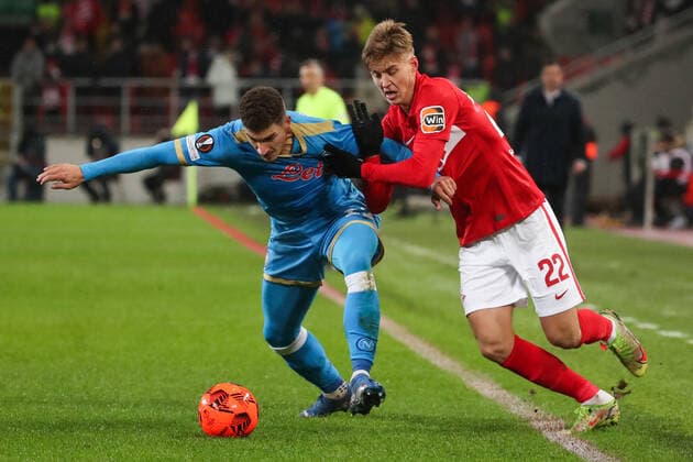 MOSCOW, RUSSIA - NOVEMBER 24, 2021: Napoliâ€™s Giovanni Di Lorenzo (L) and Spartak s Mikhail Ignatov in action in the 2021 22 UEFA Europa League Group C Round 5 match between Spartak Moscow and SSC Napoli at Otkrytie Bank Arena. Sergei Fadeichev TASS  TS119330