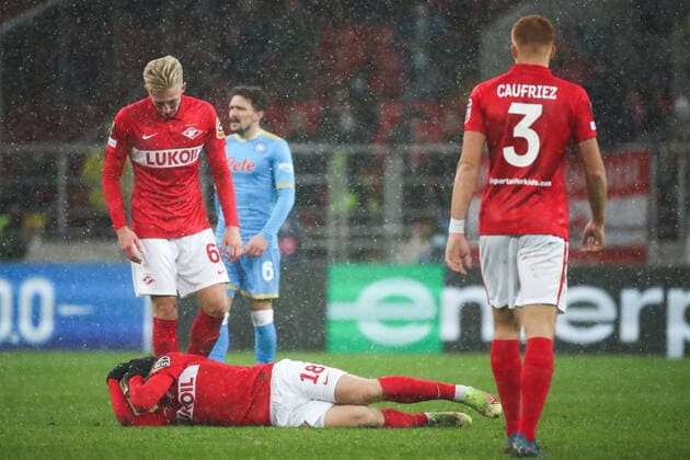 MOSCOW, RUSSIA â€“ NOVEMBER 24, 2021: FC Spartak Moscow s Ayrton, Nail Umyarov, and Maximiliano Caufriez (L-R) in their 2021 22 UEFA Europa League Group C football match against SSC Napoli at Otkrytie Bank Arena Stadium. Sergei Fadeichev TASS  TS11938F