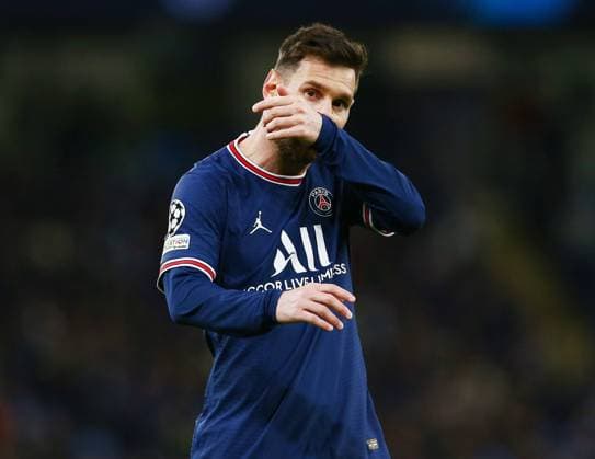 Mandatory Credit: Photo by Matt West Shutterstock (12615942p) Lionel Messi of Paris Saint Germain looks dejected Manchester City v Paris Saint Germain, UEFA Champions League, Group A, Football, Etihad Stadium, Manchester, UK - 24 Nov 2021 EDITORIAL USE ONLY No use with unauthorised audio, video, data, fixture lists, club league logos or live services. Online in-match use limited to 120 images, no video emulation. No use in betting, games or single club league player publications. Manchester City v Paris Saint Germain, UEFA Champions League, Group A, Football, Etihad Stadium, Manchester, UK - 24 Nov 2021 EDITORIAL USE ONLY No use with unauthorised audio, video, data, fixture lists, club league logos or live services. Online in-match use limited to 120 images, no video emulation. No use in betting, games or single club league player publications.  Copyright: xMattxWest Shutterstockx 12615942p