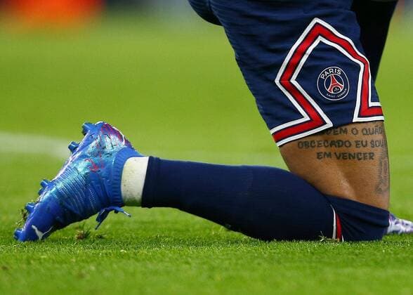Mandatory Credit: Photo by Matt West Shutterstock (12615942bb) A tattoo on the leg of Neymar of Paris Saint Germain Manchester City v Paris Saint Germain, UEFA Champions League, Group A, Football, Etihad Stadium, Manchester, UK - 24 Nov 2021 EDITORIAL USE ONLY No use with unauthorised audio, video, data, fixture lists, club league logos or live services. Online in-match use limited to 120 images, no video emulation. No use in betting, games or single club league player publications. Manchester City v Paris Saint Germain, UEFA Champions League, Group A, Football, Etihad Stadium, Manchester, UK - 24 Nov 2021 EDITORIAL USE ONLY No use with unauthorised audio, video, data, fixture lists, club league logos or live services. Online in-match use limited to 120 images, no video emulation. No use in betting, games or single club league player publications.  Copyright: xMattxWest Shutterstockx 12615942bb