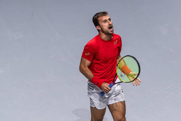 211125 Steven Diez of Canada celebrates during the Davis Cup Finals group stage tennis match between Canada and Sweden on November 25, 2021 in Madrid. Photo: Mathias Bergeld BILDBYRAN kod MB MB0271 tennis davis cup davis cup finals davis cup finals 2021 canada sweden bbeng sverige kanada jubel Copyright: MATHIASxBERGELD BB211125MB008