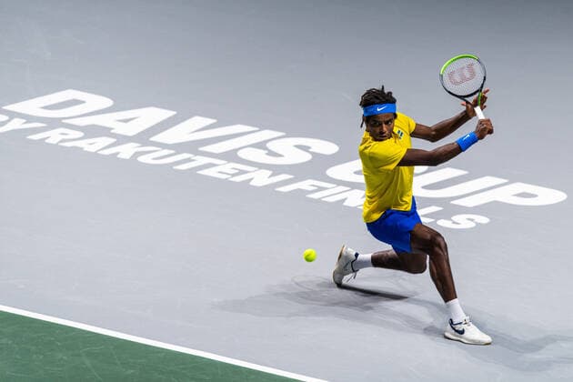 211125 Elias Ymer of Sweden during the Davis Cup Finals group stage tennis match between Canada and Sweden on November 25, 2021 in Madrid. Photo: Mathias Bergeld BILDBYRAN kod MB MB0271 tennis davis cup davis cup finals davis cup finals 2021 canada sweden bbeng sverige kanada Copyright: MATHIASxBERGELD BB211125MB011