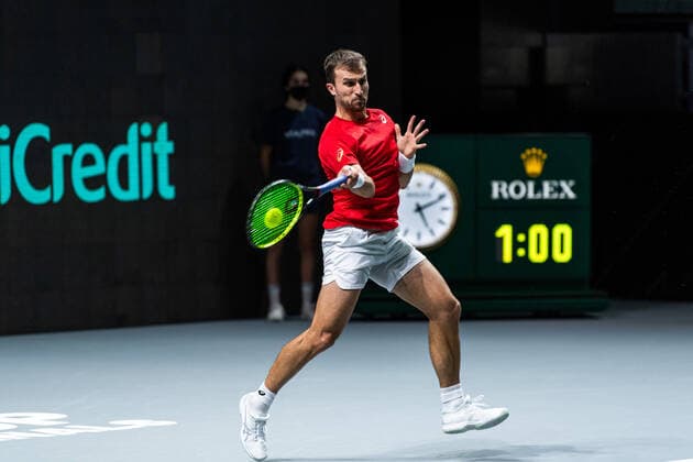 211125 Steven Diez of Canada during the Davis Cup Finals group stage tennis match between Canada and Sweden on November 25, 2021 in Madrid. Photo: Mathias Bergeld BILDBYRAN kod MB MB0271 tennis davis cup davis cup finals davis cup finals 2021 canada sweden bbeng sverige kanada Copyright: MATHIASxBERGELD BB211125MB029