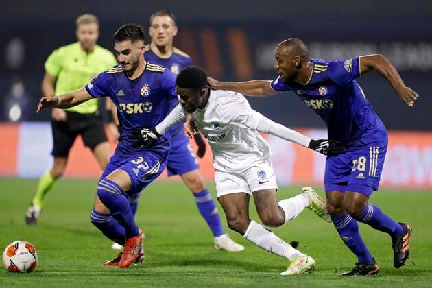 ZAGREB, CROATIA - NOVEMBER 25 : Ike Ugbo forward of KRC Genk and Kevin Theophile Catherine defender of Dinamo Zagreb during the UEFA Europa League Group stage H match between Dinamo Zagreb and Krc Genk on November 25, 2021 in Zagreb, Croatia, 25 11 2021 ( Dinamo Zagreb v Krc Genk - UEFA Europa League PhotoNews Panoramic 