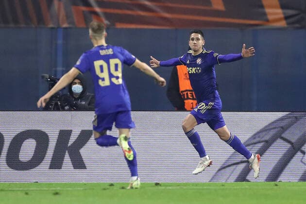 Dinamo Zagreb v KRC Genk: Group H - UEFA Europa League Luka Menalo of Dinamo Zagreb celebrate a goal during the UEFA Europa League group H match between Dinamo Zagreb and KRC Genk at Maksimir Stadium on November 25, 2021 in Zagreb, Croatia. GoranxStanzl PIXSELL