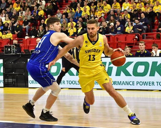 Finland s Topias Palmi and Sweden s Chris Czerapowicz during the Fiba World Cup European qualifier basketball match, 1st round Group C, between Sweden and Finland at Avicii Arena in Stockholm, Sweden November 25, 2021. STOCKHOLM Sweden x10030x