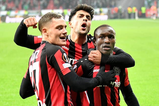 Leverkusen, Bayarena, 25.11.21, GER, Herren, UEFA Europa League, Saison 2021-2022, Bayer 04 Leverkusen - Celtic Glasgow Bild: Moussa Diaby (Leverkusen) jubelt nach seinem Tor zum 3:2 Nur fuer journalistische Zwecke! Only for editorial use! Nordrhein-Westfalen Deutschland