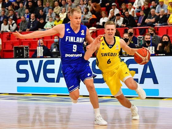 Finland s Sasu Salin and Sweden s Tobias Borg during the Fiba World Cup European qualifier basketball match, 1st round Group C, between Sweden and Finland at Avicii Arena in Stockholm, Sweden November 25, 2021. STOCKHOLM Sweden x10030x