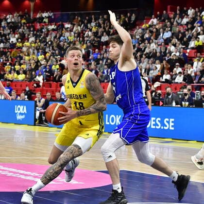 Sweden s Viktor Gaddefors against Finland s Topias Palmi during the Fiba World Cup European qualifier basketball match, 1st round Group C, between Sweden and Finland at Avicii Arena in Stockholm, Sweden November 25, 2021. STOCKHOLM Sweden x10030x