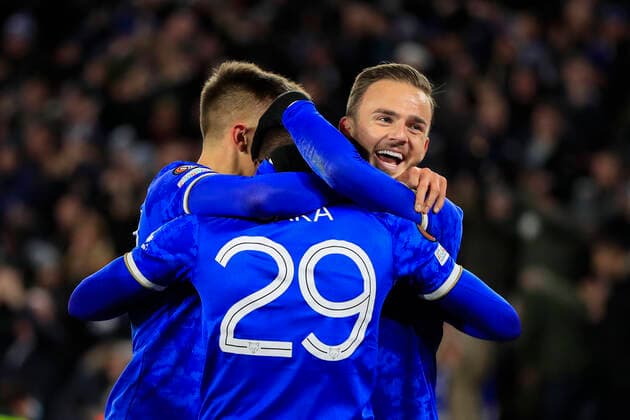 UEFA Europa League Leicester City vs Legia Warsaw James Maddison 10 of Leicester City congratulates Patson Daka 29 of Leicester City after scoring to make it 1-0 Leicester King Power Stadium Leicestershire United Kingdom Copyright: xConorxMolloy NewsxImagesx