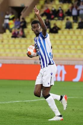 Monaco, Monaco, 25th November 2021. Alexander Isak of Real Sociedad celebrates after scoring to level the game at 1-1 during the UEFA Europa League match at Stade Louis II, Monaco. Picture credit should read: Jonathan Moscrop Sportimage EDITORIAL USE ONLY. No use with unauthorised audio, video, data, fixture lists, club league logos or live services. Online in-match use limited to 120 images, no video emulation. No use in betting, games or single club league player publications. SPI-1343-0010
