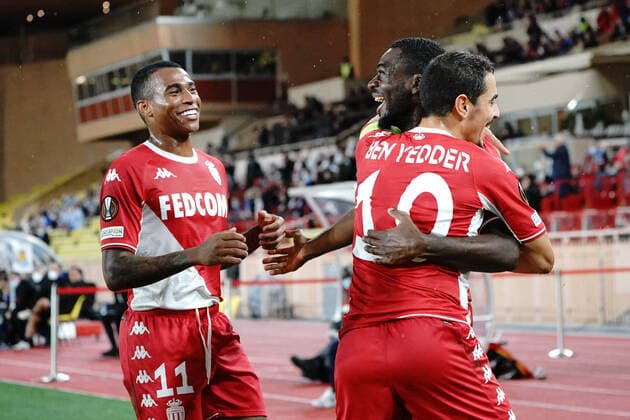 Joie - Youssouf Fofana (AS Monaco) - Wissam Ben Yedder (AS Monaco) - Jean Lucas (AS Monaco) FOOTBALL : AS Monaco vs Real Sociedad - Ligue Europa - Monaco - 25 11 2021 NorbertScanella Panoramic 