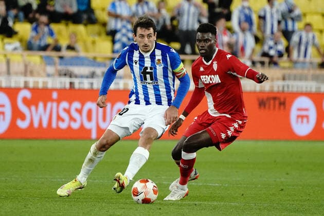 Mikel Oyarzabal (Real Sociedad) - Aurelien Tchouameni (AS Monaco) FOOTBALL : AS Monaco vs Real Sociedad - Ligue Europa - Monaco - 25 11 2021 NorbertScanella Panoramic 