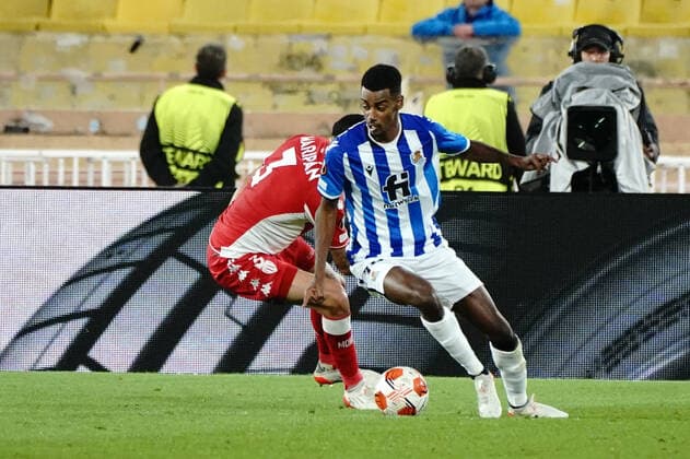 Alexander Isak (Real Sociedad) - @Guillermo Maripan (AS monaco) FOOTBALL : AS Monaco vs Real Sociedad - Ligue Europa - Monaco - 25 11 2021 NorbertScanella Panoramic 