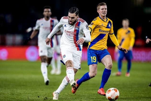 Broendby IF v Lyon, UEFA Europa League, Broendby, Denmark Broendby, Denmark. 25th, November 2021. Rayan Cherki (18) of Lyon and Morten Frendrup (19) of Broendby IF seen during the UEFA Europa League match between Broendby IF and Lyon at Broendby Stadion in Broendby. Brondby Denmark  Copyright: xGonzalesxPhoto LassexLagonix