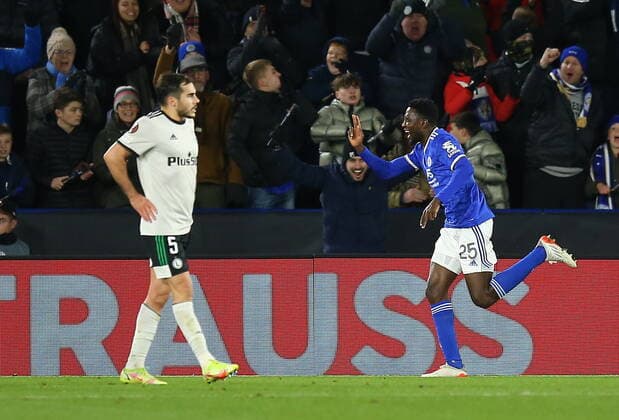 Onyinye Ndidi of Leicester City celebrates scoring his sides third goal Leicester City v Legia Warsaw, UEFA Europa League football match, Group C, King Power Stadium, Leicester, UK - 25 November 2021 Photo: Michael Zemanek Newspix.pl --- Newspix.pl  MZ2_5107