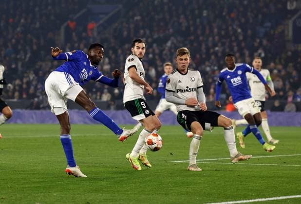 Leicester, England, 25th November 2021. Patson Daka of Leicester City send in a shot on goal during the UEFA Europa League match at the King Power Stadium, Leicester. Picture credit should read: Darren Staples Sportimage EDITORIAL USE ONLY. No use with unauthorised audio, video, data, fixture lists, club league logos or live services. Online in-match use limited to 120 images, no video emulation. No use in betting, games or single club league player publications. SPI-1341-0021