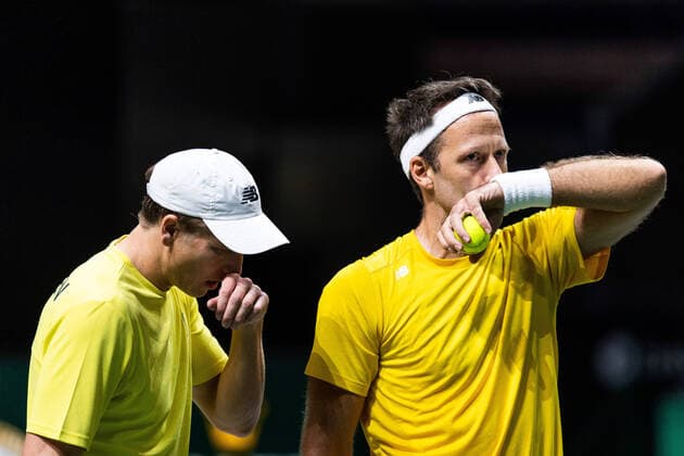 211125 AndrÃ Göransson and Robert Lindstedt of Sweden during the Davis Cup Finals group stage tennis match between Canada and Sweden on November 25, 2021 in Madrid. Photo: Mathias Bergeld BILDBYRAN kod MB MB0271 tennis davis cup davis cup finals davis cup finals 2021 canada sweden bbeng sverige kanada Copyright: MATHIASxBERGELD BB211125MB097