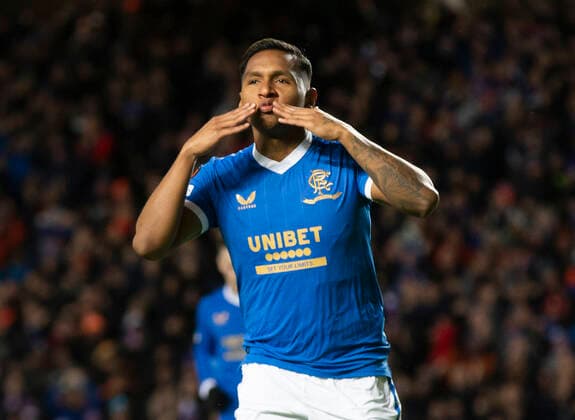 Football - 2021 2022 UEFA Europa League - Group A - Round Five - Glasgow Rangers vs Spartak Prague - Ibrox stadium - Thursday 25th November 2021 Alfredo Morelos of Rangers scores make it 2-0 to Rangers 