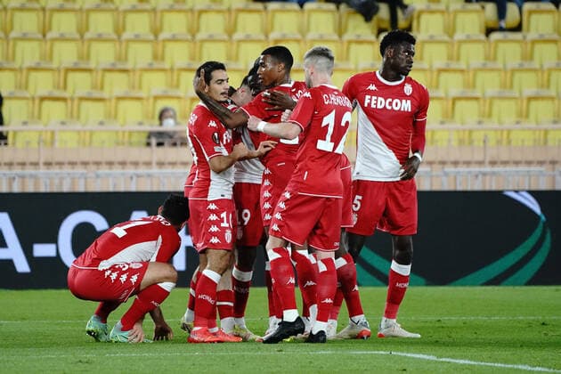 Joie - Kevin Volland (AS Monaco) - Aleksandr Golovin (AS Monaco) - Wissam Ben Yedder (AS Monaco) - Jean Lucas (AS Monaco) - Caio Henrique Oliveira Silva (AS Monaco) FOOTBALL : AS Monaco vs Real Sociedad - Ligue Europa - Monaco - 25 11 2021 NorbertScanella Panoramic 