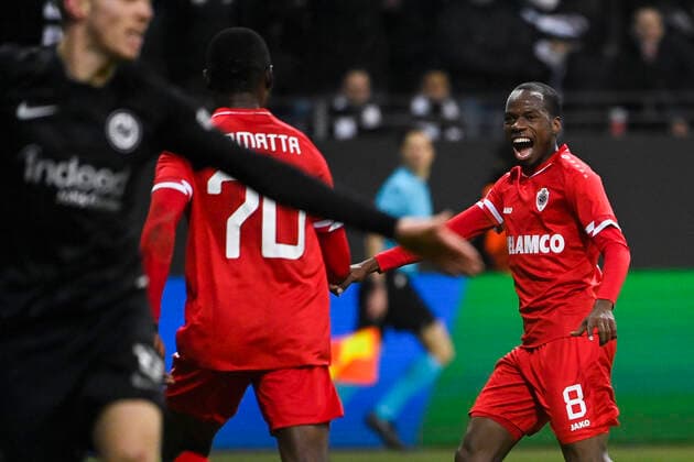 Antwerp s Ally Samatta Mbwana and Antwerp s Alhassan Yusuf Abdullahi celebrate after scoring during a soccer game between German Eintracht Frankfurt and Belgian Royal Antwerp FC, Thursday 25 November 2021 in Frankfurt, Germany, game five (out of six) in Group D of the UEFA Europa League group stage. LAURIExDIEFFEMBACQ  x3143666x