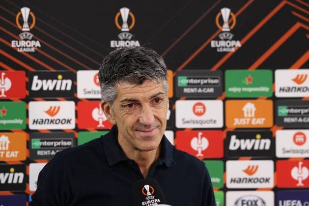 Monaco, Monaco, 25th November 2021. Imanol Alguacil Head coach of Real Sociedad during a press interview following the final whistle of the UEFA Europa League match at Stade Louis II, Monaco. Picture credit should read: Jonathan Moscrop Sportimage EDITORIAL USE ONLY. No use with unauthorised audio, video, data, fixture lists, club league logos or live services. Online in-match use limited to 120 images, no video emulation. No use in betting, games or single club league player publications. SPI-1343-0027