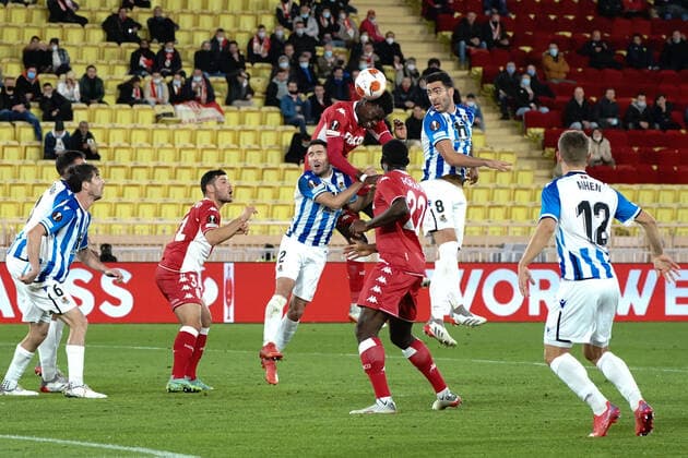 Benoit Badiashile (AS Monaco) - Joseba Zaldua (Real Sociedad) - Mikel Merino (Real Sociedad) FOOTBALL : AS Monaco vs Real Sociedad - Ligue Europa - Monaco - 25 11 2021 NorbertScanella Panoramic 