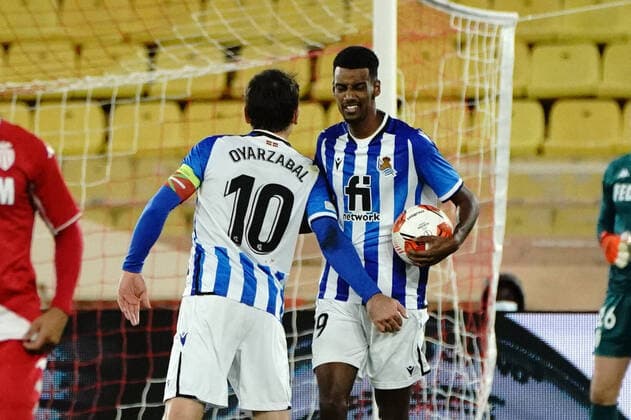 Joie - Alexander Isak (Real Sociedad) - Mikel Oyarzabal (Real Sociedad) FOOTBALL : AS Monaco vs Real Sociedad - Ligue Europa - Monaco - 25 11 2021 NorbertScanella Panoramic 