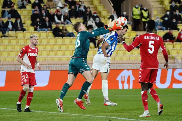 Alexander Nubel (AS Monaco) - Mikel Merino (Real Sociedad) FOOTBALL : AS Monaco vs Real Sociedad - Ligue Europa - Monaco - 25 11 2021 NorbertScanella Panoramic 