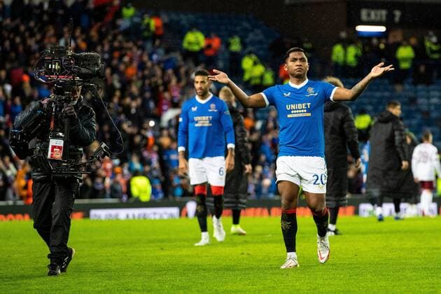 Mandatory Credit: Photo by Kirk O Rourke Rangers FC Shutterstock (12617967ej) Alfredo Morelos of Rangers celebrates at the end of the Europa League match at Ibrox Stadium, Glasgow. Rangers v Sparta Prague, UEFA Europa League, Group A, Football, Ibrox Stadium, Glasgow, UK - 25 Nov 2021 Rangers v Sparta Prague, UEFA Europa League, Group A, Football, Ibrox Stadium, Glasgow, UK - 25 Nov 2021 Copyright: xKirkxO Rourke RangersxFC Shutterstockx 12617967ej