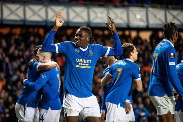 Mandatory Credit: Photo by Kirk O Rourke Rangers FC Shutterstock (12617967fj) Calvin Bassey of Rangers celebrates after team mate Alfredo Morelos scored his second goal during the Europa League match at Ibrox Stadium, Glasgow. Rangers v Sparta Prague, UEFA Europa League, Group A, Football, Ibrox Stadium, Glasgow, UK - 25 Nov 2021 Rangers v Sparta Prague, UEFA Europa League, Group A, Football, Ibrox Stadium, Glasgow, UK - 25 Nov 2021 Copyright: xKirkxO Rourke RangersxFC Shutterstockx 12617967fj