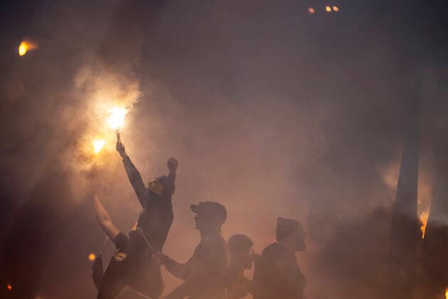 Broendby IFs fans under Europa League kampen mellem Broendby IF og Olympique Lyonnais paa Broendby Stadion i Broendby, torsdag den 25. november 2021.. , Broendby Denmark Copyright: RitzauxScanpix MadsxClausxRasmussenx cop101 spdk20211125-234436-L