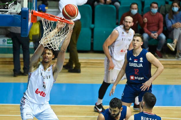 Belgium s Ismael Bako pictured in action during a match of the national basketball team of Belgium, the Red Lions, against the national team, Nationalteam of Serbia, a qualification game for the 2023 World Championship, WM, Weltmeisterschaft men, in the Group A (match 2 6), Sunday 28 November 2021. LAURIExDIEFFEMBACQ  x3145248x