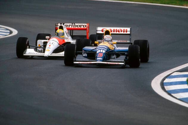 05 Mansell Nigel (gbr), Canon Williams Team, Williams-Renault FW14, 01 Senna Ayrton (bra), Honda Marlboro McLaren, McLaren-Honda MP4 6, action during the Spanish Grand Prix 1991 on the Circuit de Barcelone-Catalunya, 14th round of the 1991 FIA Formula 1 Championship from September 27 to 29, 1991 in Barcelona, Spain - F1 ARCHIVE - SAISON 1991 DPPI Panoramic  1991_GP_ESPAGNE_MANSEL 179D
