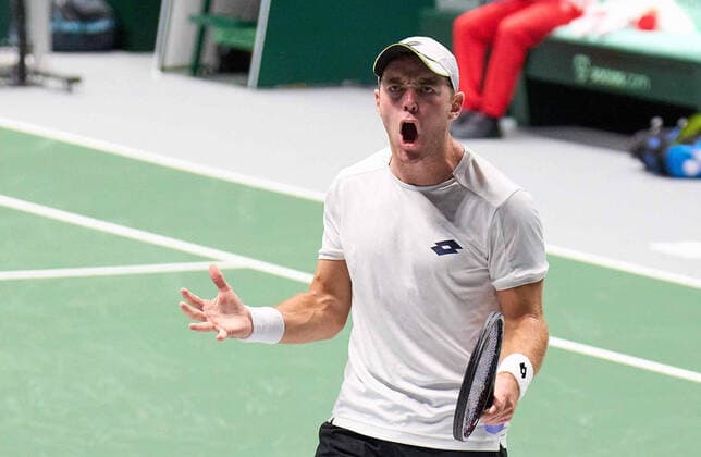 Dominik Koepfer (GER) angry in the match against austrian Juri Rodionov (AUT) of Germany - Austria Mens Tennis Davis Cup by Rakuten Finals in Innsbruck, Austria, Nov 28, 2021 Season 2021 2022, Köpfer lost his match 1-6, 5-7