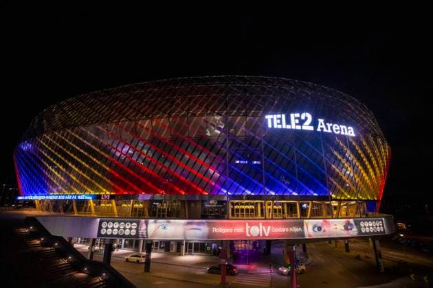 211128 Tele2 Arena upplyst i Djurgardens färger efter fotbollsmatchen i Allsvenskan mellan Djurgarden och Varberg den 28 november 2021 i Stockholm. Copyright: KENTAxJÖNSSON BB211128KJ099