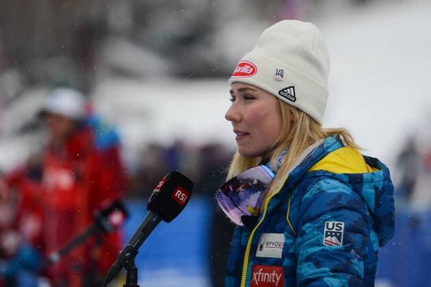 November 28, 2021, Killington, VT, U.S: MIKAELA SHIFFRIN of the United States chats with the media after winning the FIS women s alpine slalom ski race in Killington Vermont. Killington U.S. - ZUMAl132 20211128_zap_l132_020 Copyright: xChristopherxLevyx